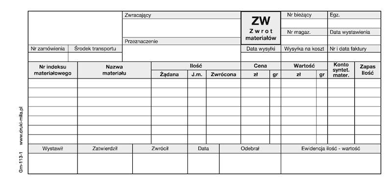Zwrot materiału 1/3 A4 Gm-113-1 80 kartek 7 poz.