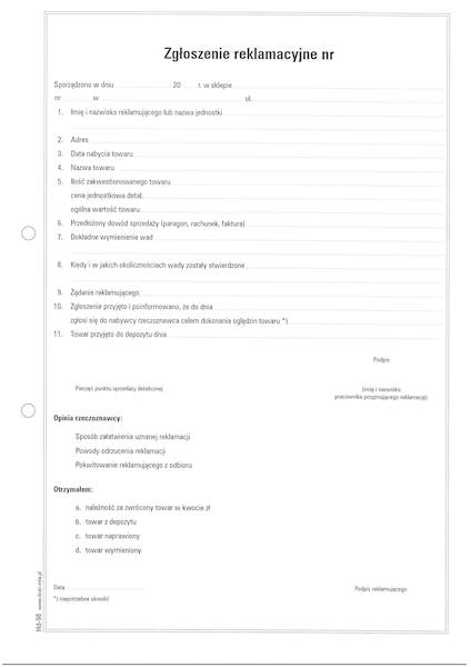Zgłoszenie reklamacyjne A5 80k./samokopia/