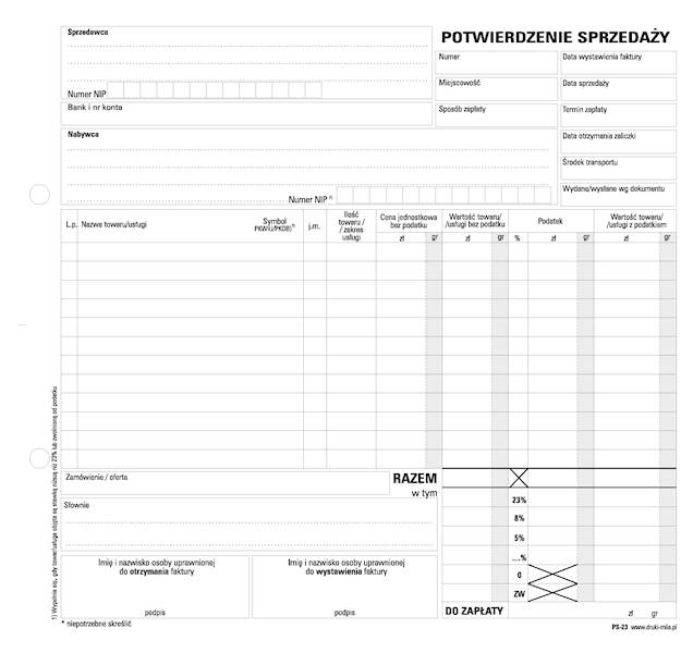 Potwierdzenie sprzedaży 2/3 A4 80k. PS-23