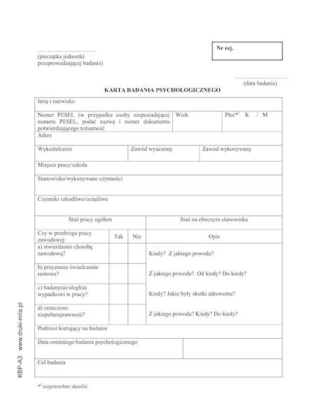 Karta badania psychologicznego A3 KBP-43 100szt.