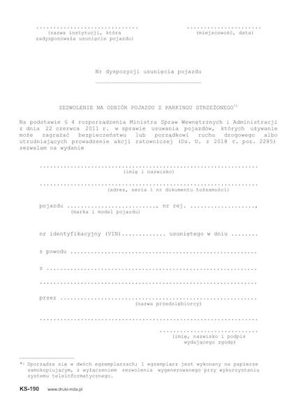 Zezwolenie na odbiór pojazdu z parkingu strzeżoneg