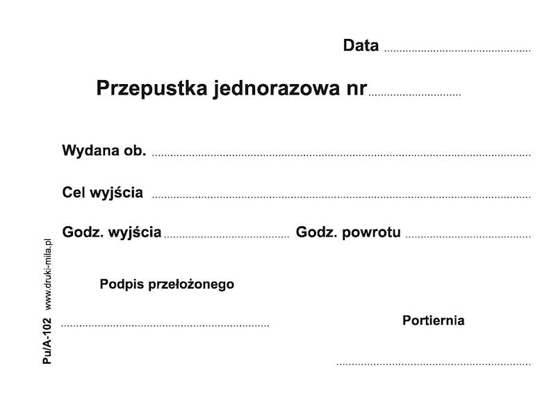Przepustka jednorazowa A6 100k. samokop. Pu/A-102
