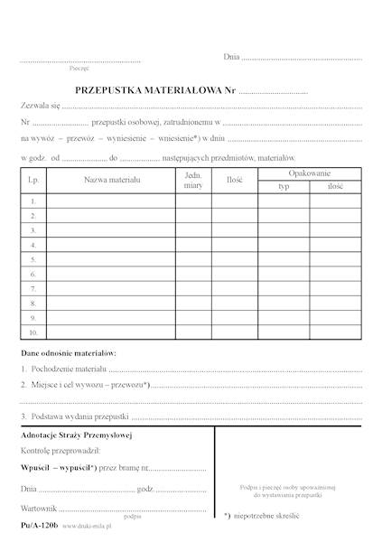 Przepustka materiałowa Pu/A-120b A5 100k. samokop.