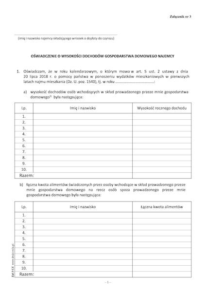 Oświadczenie o wyskokości dochodów  najemcy