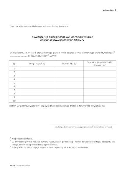 Oświadczenie o liczbie osób wchodz. w skład gosp.