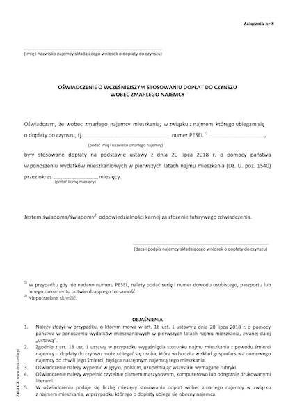 Oświadczenie o wcześniejszym stos. dopłat zmarłego