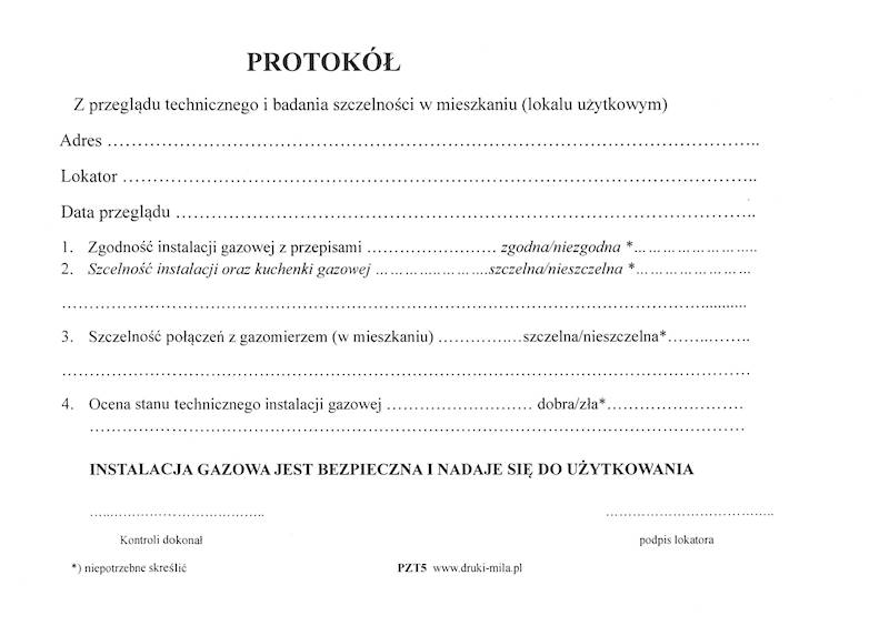 Protokół z przeglądu techn. i badania inst. gazowe