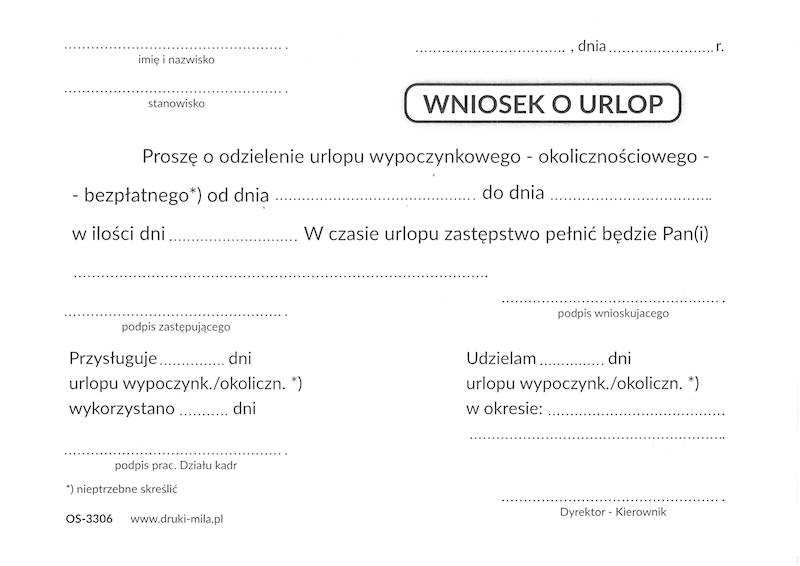 Wniosek o urlop Os-3306 A6 80 k. offset