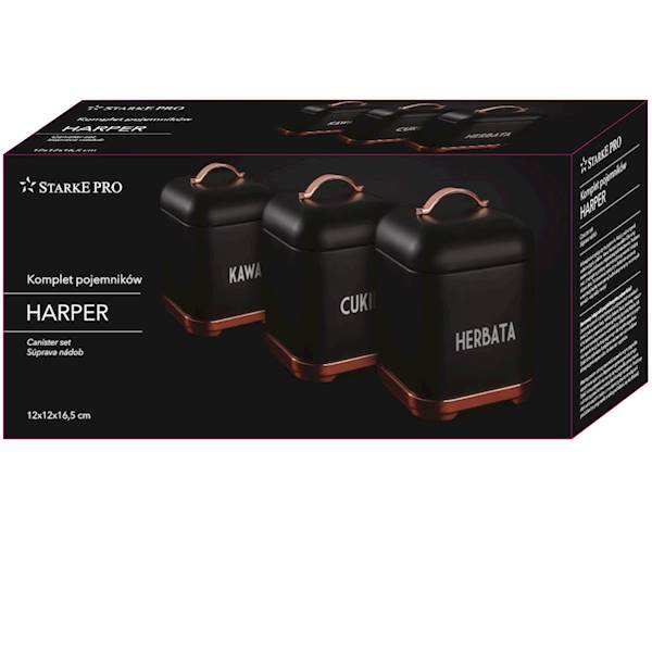 Pojemniki Harper Black x3 kawa/herbata/cukier czarne STARKE