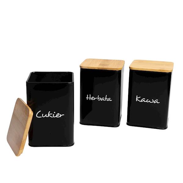 Pojemniki MAESTRA komplet 3 sztuki czarne matowe + pokrywy bambus 9,5x9,5x13,5cm Tadar