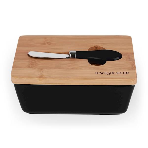 Maselniczka porcelanowa z pokrywką bambusową i nożykiem czarna 17x12x7cm KonigHOFFER