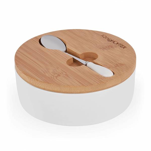 Cukiernica porcelanowa z pokrywką bambusową i łyżeczką 14,5x5cm biała KonigHOFFER