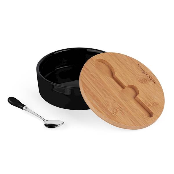 Cukiernica porcelanowa z pokrywką bambusową i łyżeczką 14,5x5cm czarna KonigHOFFER
