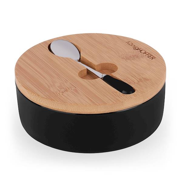 Cukiernica porcelanowa z pokrywką bambusową i łyżeczką 14,5x5cm czarna KonigHOFFER