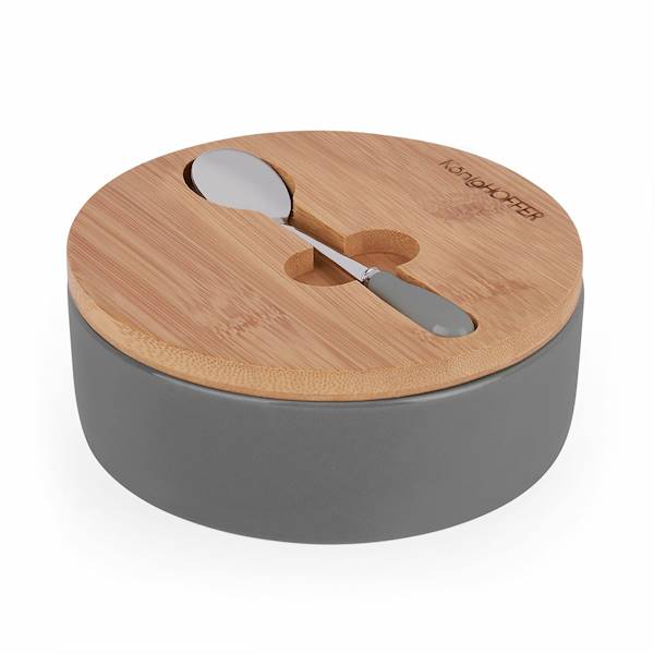 Cukiernica porcelanowa z pokrywką bambusową i łyżeczką 14,5x5cm szara KonigHOFFER
