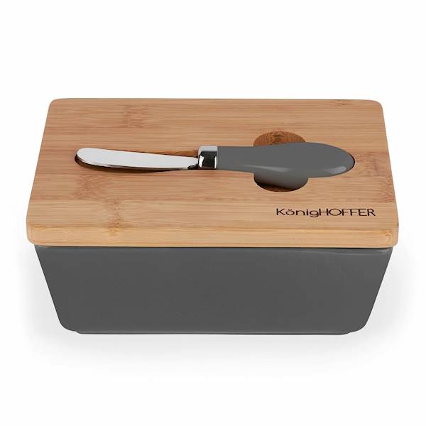 Maselniczka porcelanowa z pokrywką bambusową i nożykiem czarna 17x12x7cm KonigHOFFER