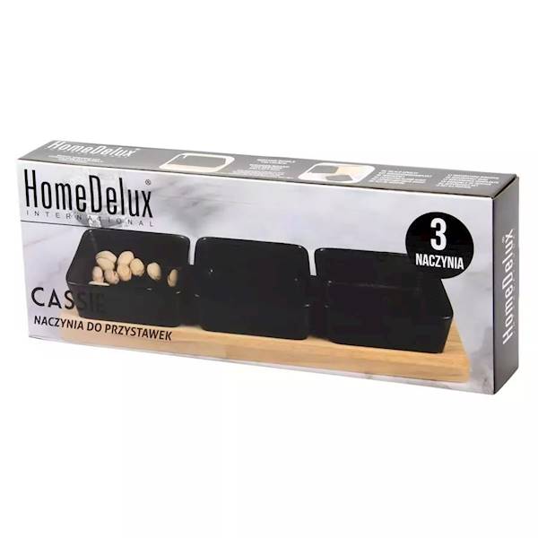 CASSIE zestaw 3 czarnych miseczek do serwowania na drewnianej podstawce HD12428 Home Delux