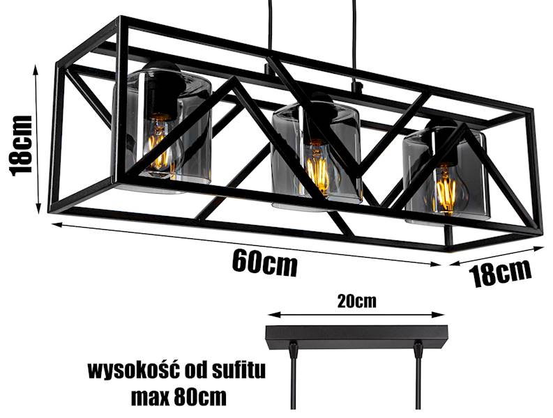 Lampa sufitowa KLATKA PIRAMIDA 3xE27 z kloszem czarna