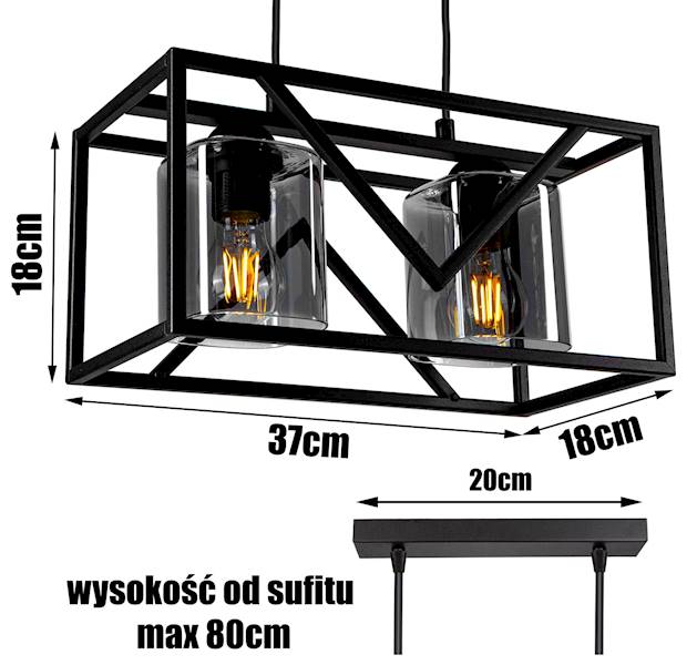 Lampa sufitowa KLATKA PIRAMIDA 2xE27 z kloszem czarna