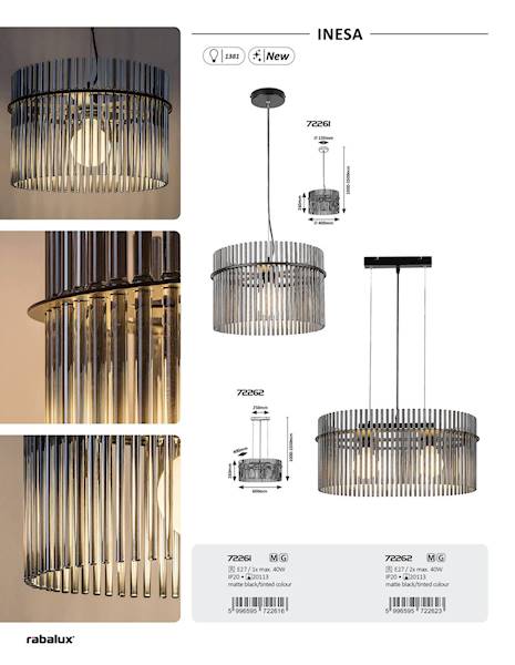 LAMPA WISZĄCA INESA 1xE27 SZKLANE RURKI 72261 RABALUX