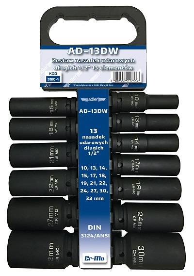 Nasadki udarowe długie 1/2" 10-32mm wieszak AD-13DW " ADLER "