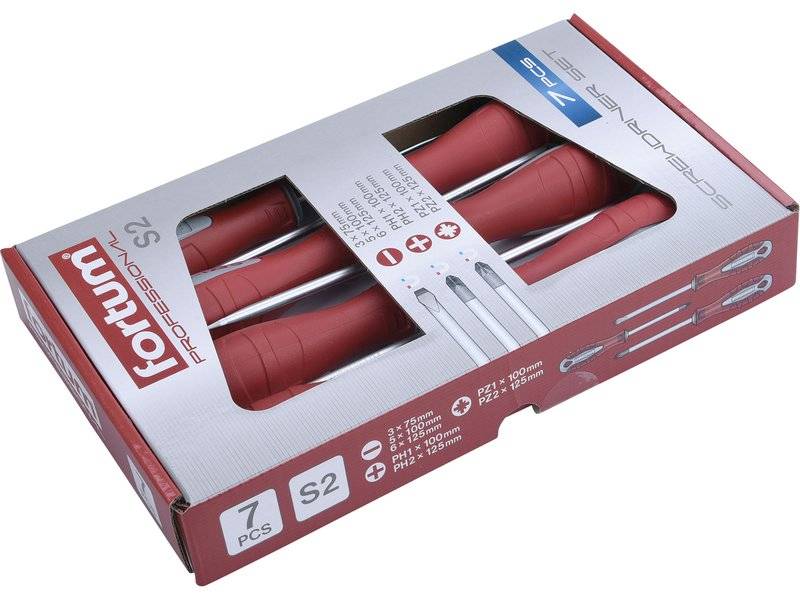 Zestaw wkrętaków 7szt., 3x (-), 2x (PH), 2x (PZ), S2  " FORTUM " 4740930