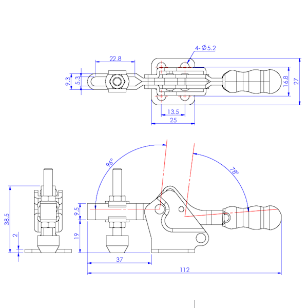 Dociskacz poziomy  75 kg - STAL OKSYDOWANA