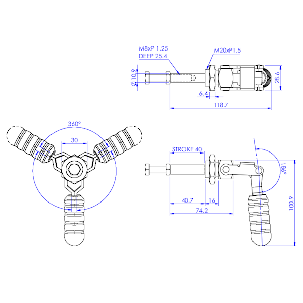Dociskacz suwakowy  136 kg - STAL NIERDZEWNA DODATKOWO PRZECIWNAKRĘTKA M20X1,5, NAKŁADKA NC-08