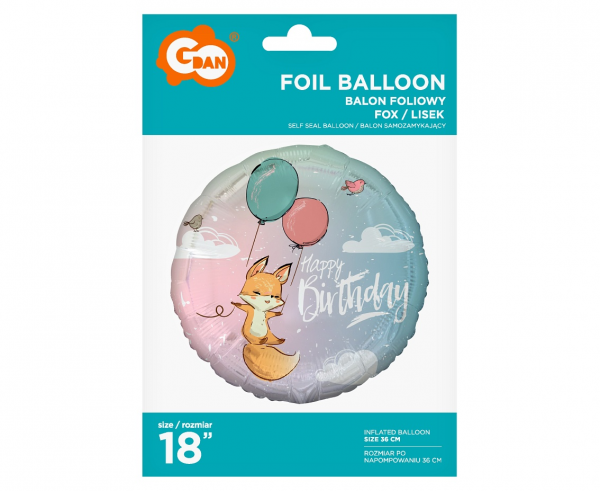 Balon foliowy okrągły Happy Birthday lisek 36cm