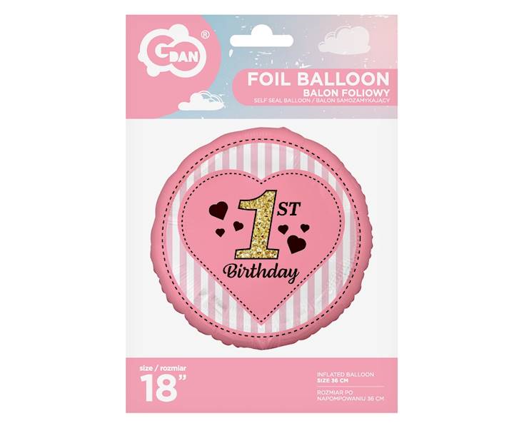 Balon foliowy okrągły 1st Birthday różowy 18''