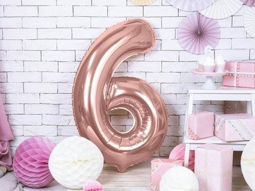 BALON FOLIOWY CYFRA 6 ZŁOTY RÓŻ PARY DECO 