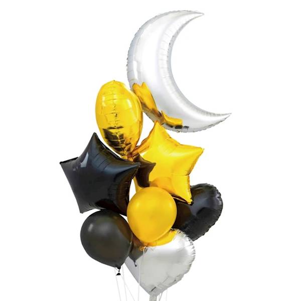 Balony zestaw czarno złoty z księżycem srebrnym 1 szt, 5 balonów foliowych, 2 balony lateksowe 460429