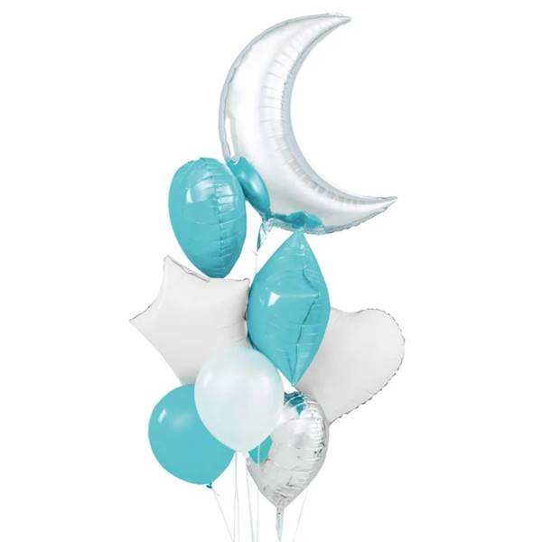 Balony zestaw niebiesko biało srebrny z księżycem srebrnym 1 szt, 5 balonów foliowych, 2 balony lateksowe 460430