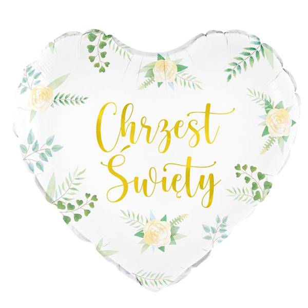Balon foliowy serce biały Chrzest Święty liście 45cm 127766