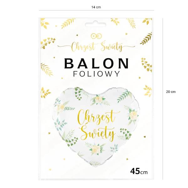 Balon foliowy serce biały Chrzest Święty liście 45cm 127766