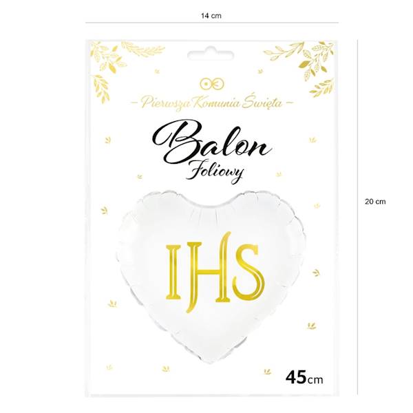 Balon foliowy serce biały Komunia IHS 45cm 127575
