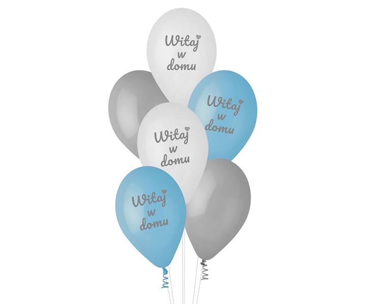 Balon z nadrukiem Witaj w domu niebiesko szare 6szt
