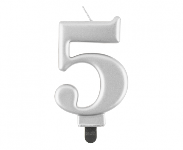 Świeczka cyfra 5 srebrna metalik 8cm 