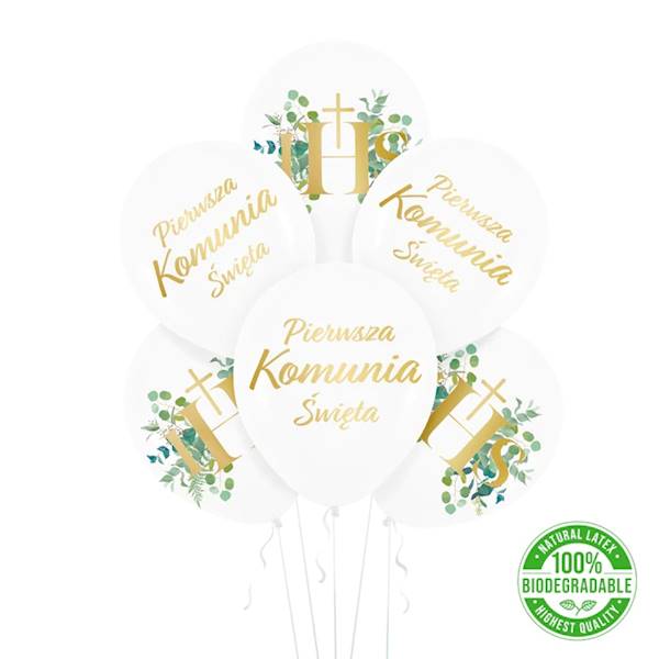 Balony lateksowe 12' Komunia białe i liście eukaliptusa 6 szt 127636