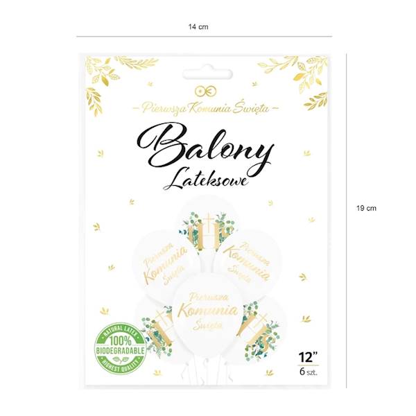 Balony lateksowe 12' Komunia białe i liście eukaliptusa 6 szt 127636
