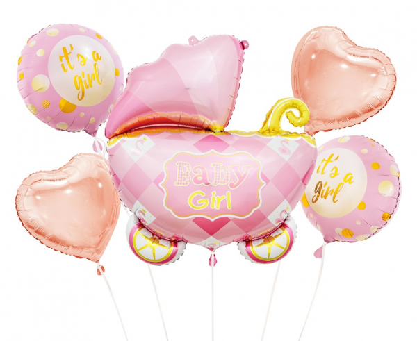 Balon foliowy zestaw wózek różowy Baby Girl + 4 balony