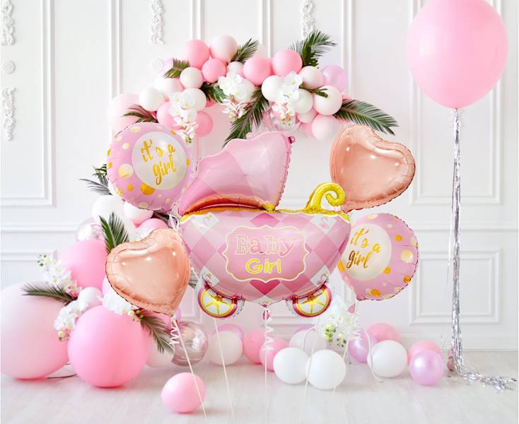 Balon foliowy zestaw wózek różowy Baby Girl + 4 balony