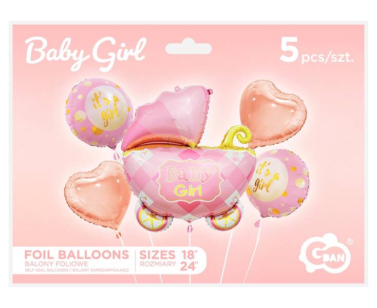 Balon foliowy zestaw wózek różowy Baby Girl + 4 balony