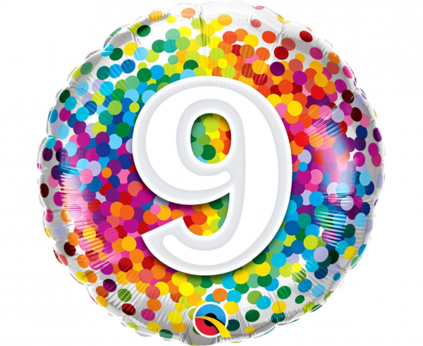 Balon foliowy okrągły 9 urodziny konfetti 46 cm