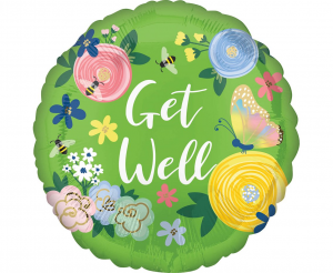 Balon foliowy okrągły Get Well- Zdrowiej - zielony floral 43cm