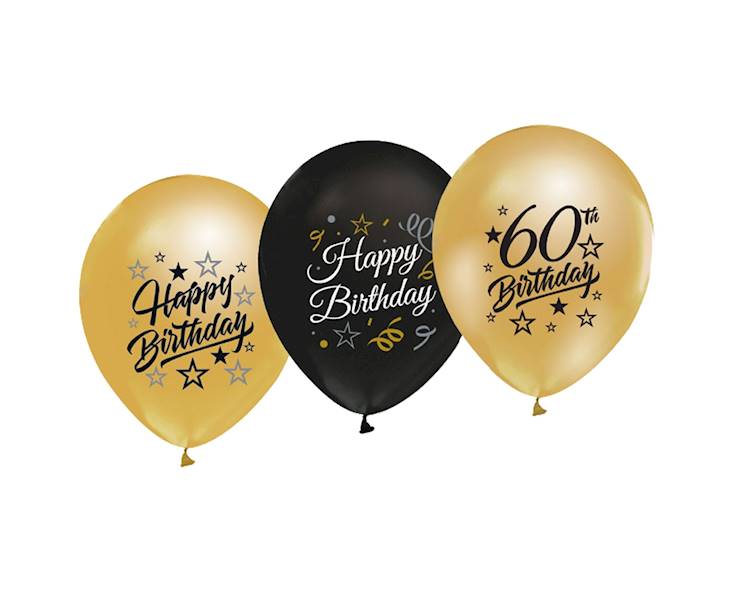 Balon z nadrukiem 60 Birthday Beauty & Charm złoto - czarne 5szt