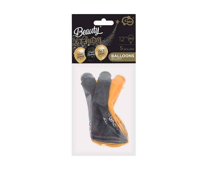 Balon z nadrukiem 60 Birthday Beauty & Charm złoto - czarne 5szt