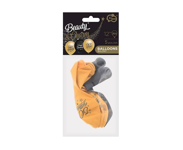 Balon z nadrukiem 50 Birthday Beauty & Charm złoto - czarne 5szt