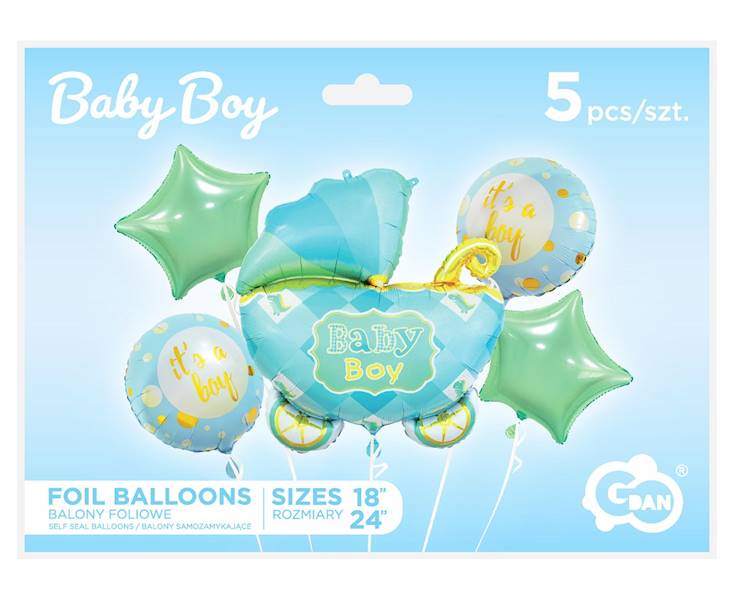 Balon foliowy zestaw wózek niebieski Baby Boy + 4 balony