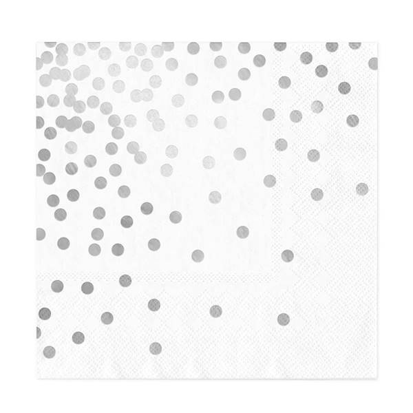 Serwetki białe w srebrne kropki konfetti 33x33cm 10szt 512791